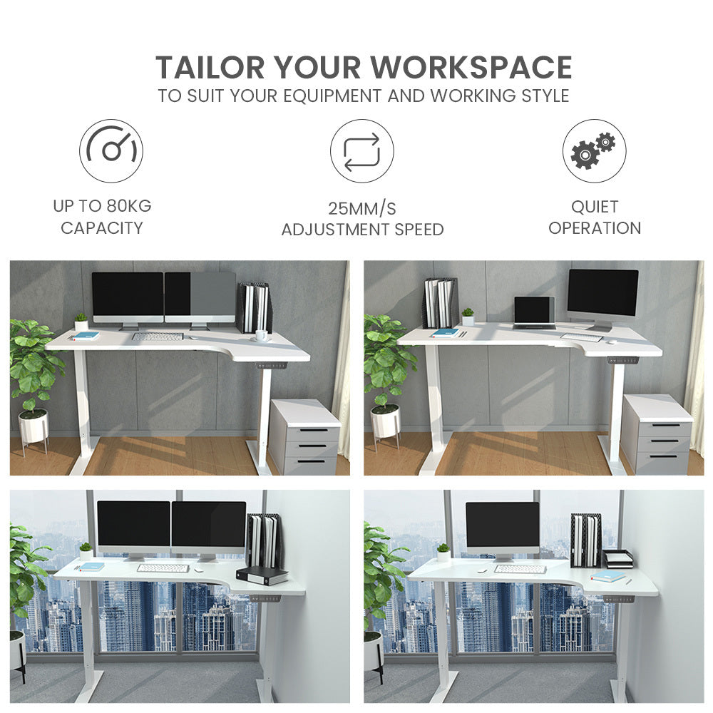 FORTIA 145cm R-Hand Corner Standing Desk – Dual Motor, White Frame