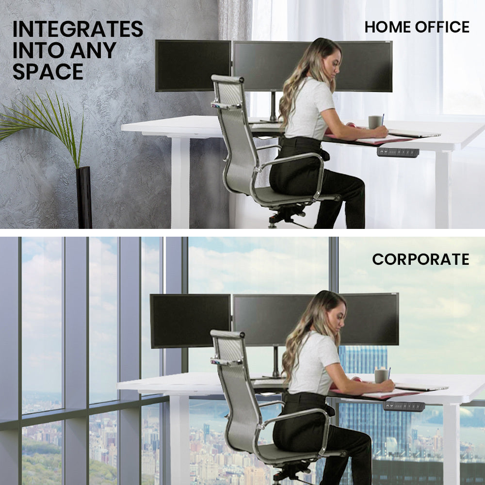 FORTIA 145cm R-Hand Corner Standing Desk – Dual Motor, White Frame