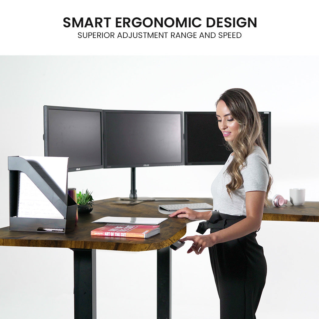 FORTIA 3-Motor Corner Standing Desk – 173x173cm, Walnut/Black