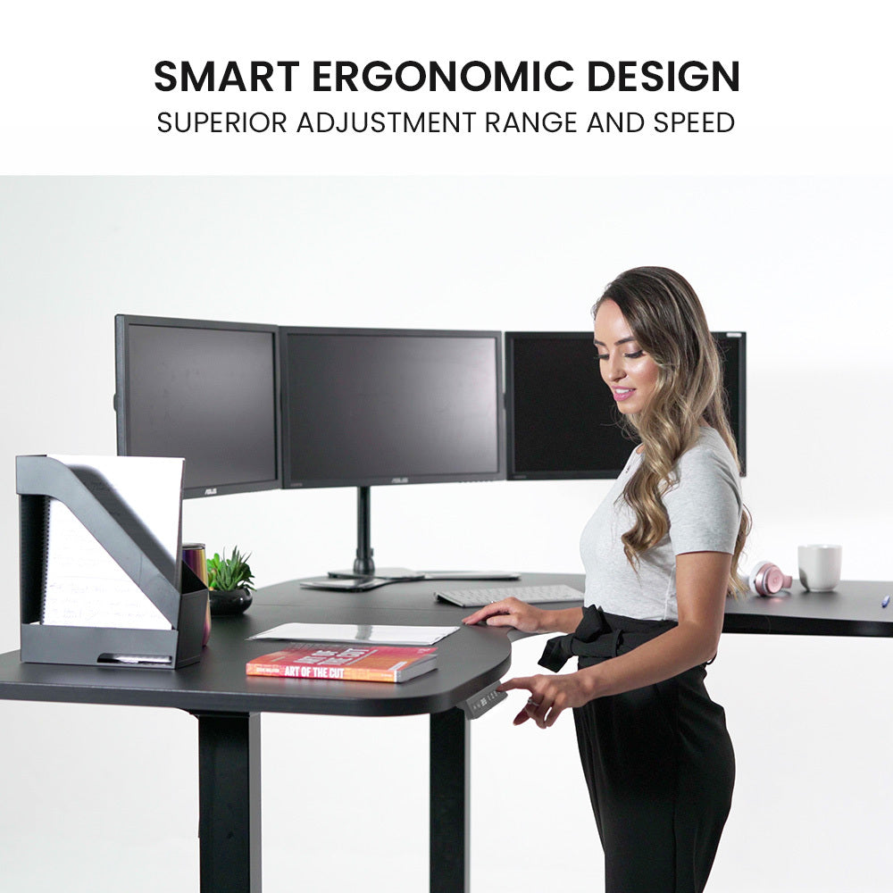 FORTIA 173cm Electric Corner Standing Desk – Triple Motor, Black Frame