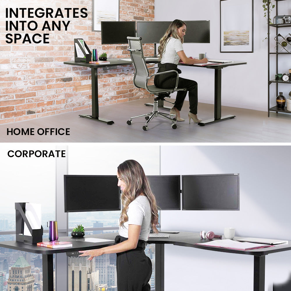 FORTIA 173cm Electric Corner Standing Desk – Triple Motor, Black Frame