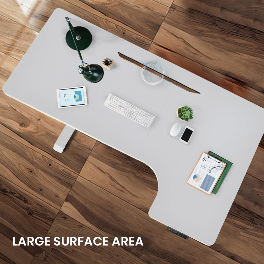 FORTIA 145cm R-Hand Corner Standing Desk – Dual Motor, White Frame